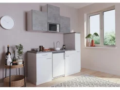 Respekta Küchenzeile KB180WWBMICG 180 cm Weiß-Beton Optik