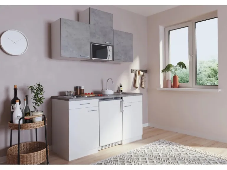 Respekta Küchenzeile KB150WWBMIG 150 cm Weiß-Beton Optik