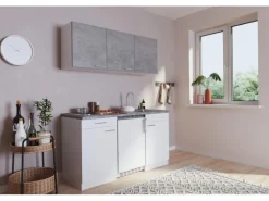 Respekta Küchenzeile KB150WWBG 150 cm Weiß-Beton Optik