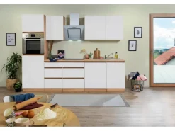 Respekta Küchenzeile ohne E-Geräte 280 cm Grifflos Weiß Matt-Eiche Sägerau