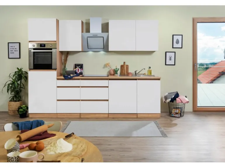 Respekta Küchenzeile ohne E-Geräte 280 cm Grifflos Weiß Matt-Eiche Sägerau