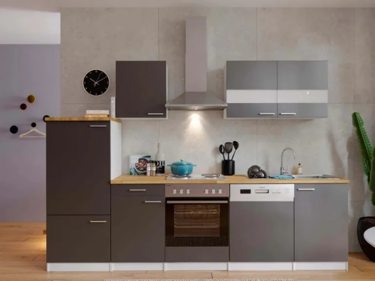 Respekta Küchenzeile ohne E-Geräte LBKB280WG 280 cm Grau-Weiß Glänzend
