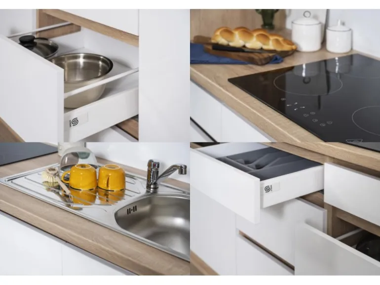 Respekta Küchenzeile ohne E-Geräte 330 cm Grifflos Weiß Hochglanz-Eiche Sägerau
