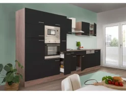 Respekta Küchenzeile ohne E-Geräte 370 cm Schwarz Seidengl.-Eiche York