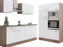 Respekta Küchenzeile ohne E-Geräte 330 cm Weiß Seidengl.-Eiche York