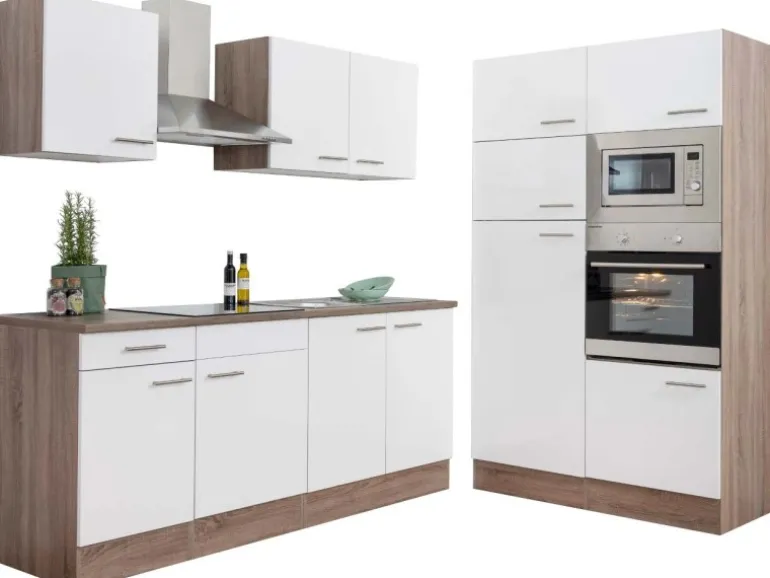 Respekta Küchenzeile ohne E-Geräte 330 cm Weiß Seidengl.-Eiche York