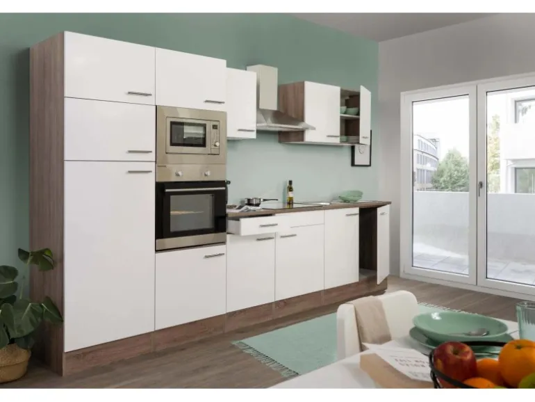 Respekta Küchenzeile ohne E-Geräte 330 cm Weiß Seidengl.-Eiche York