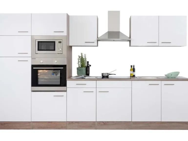 Respekta Küchenzeile ohne E-Geräte 330 cm Weiß Seidengl.-Eiche York