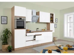 Respekta Küchenzeile ohne E-Geräte 320 cm Grifflos Weiß Hochglanz-Eiche Sägerau