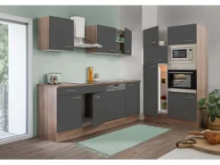 Respekta Küchenzeile ohne E-Geräte 340 cm Grau Seidengl.-Eiche York