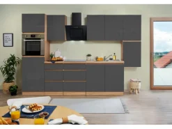 Respekta Küchenzeile ohne E-Geräte 320 cm Grifflos Grau Hochglanz-Eiche Sägerau