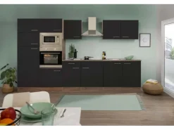 Respekta Küchenzeile ohne E-Geräte 330 cm Schwarz Seidengl.-Eiche York
