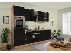 Respekta Küchenzeile ohne E-Geräte 280 cm Grifflos Schwarz Hochgl.-Eiche Sägerau