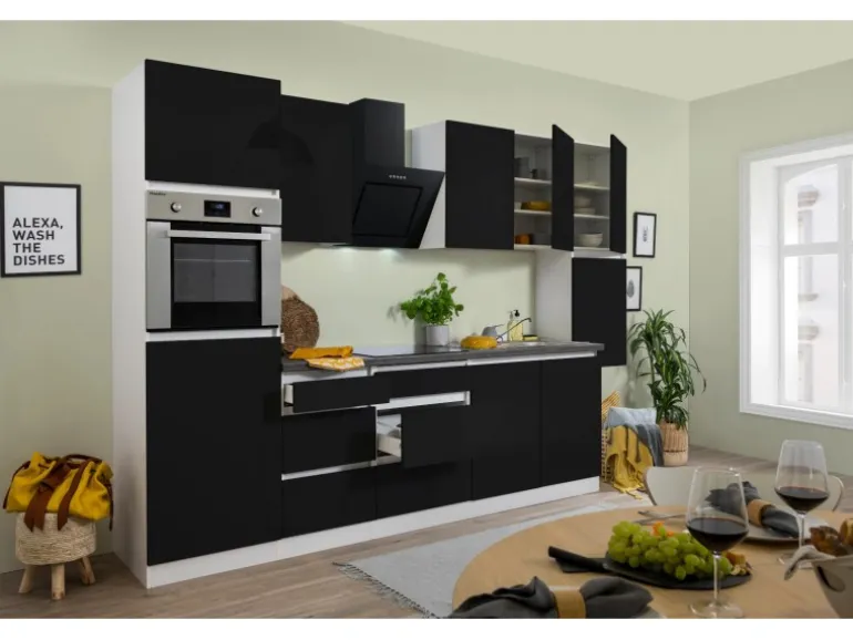 Respekta Küchenzeile ohne E-Geräte 320 cm Grifflos Schwarz Hochglanz-Weiß