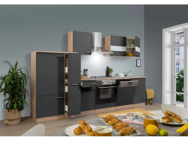 Respekta Küchenzeile ohne E-Geräte 310 cm Grau-Eiche Sägerau