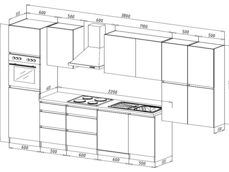 Respekta Küchenzeile ohne E-Geräte 380 cm Grifflos Grau Hochglanz-Eiche Sägerau
