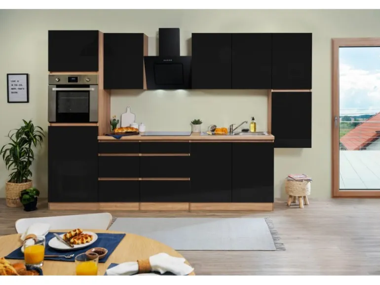 Respekta Küchenzeile ohne E-Geräte 320 cm Grifflos Schwarz Hochgl.-Eiche Sägerau
