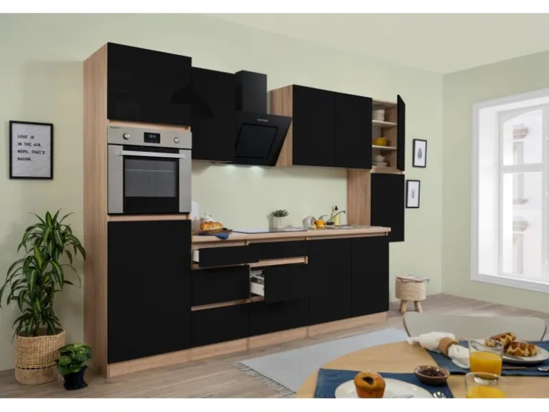 Respekta Küchenzeile ohne E-Geräte 320 cm Grifflos Schwarz Hochgl.-Eiche Sägerau