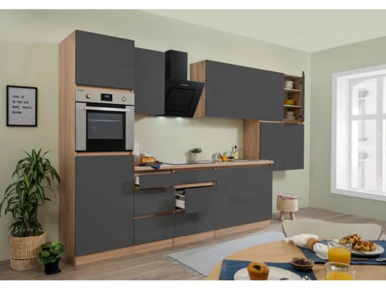 Respekta Küchenzeile ohne E-Geräte 370 cm Grifflos Grau Hochglanz-Eiche Sägerau