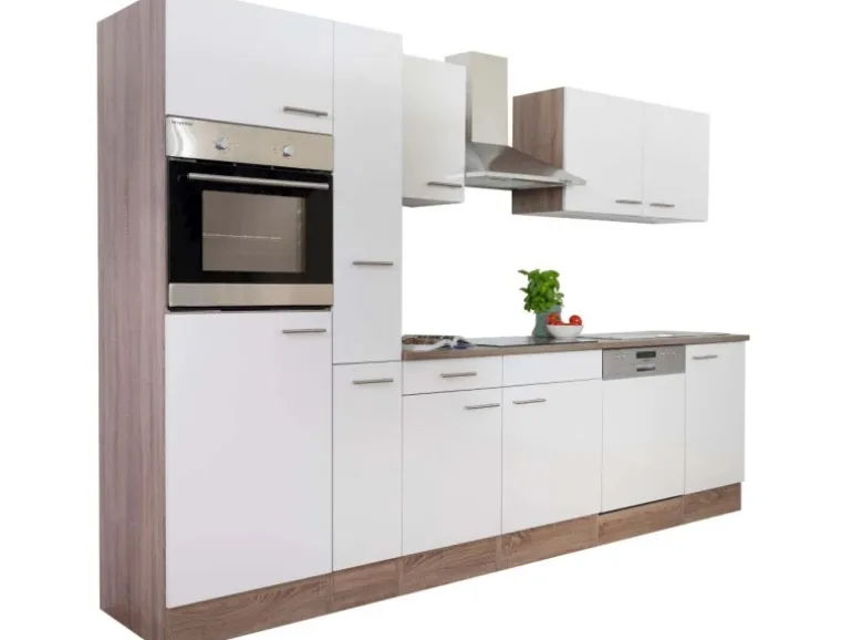 Respekta Küchenzeile ohne E-Geräte 310 cm Weiß Seidengl.-Eiche York
