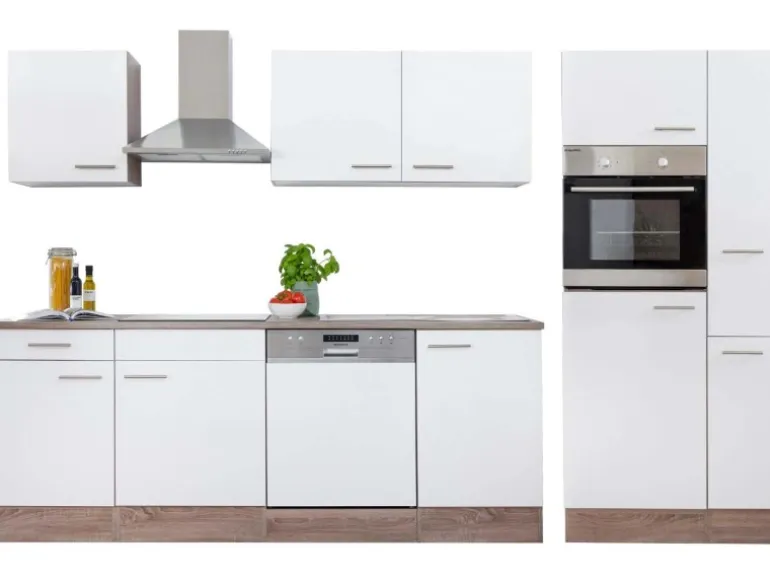 Respekta Küchenzeile ohne E-Geräte 310 cm Weiß Seidengl.-Eiche York