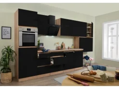 Respekta Küchenzeile ohne E-Geräte 380 cm Grifflos Schwarz Hochgl.-Eiche Sägerau