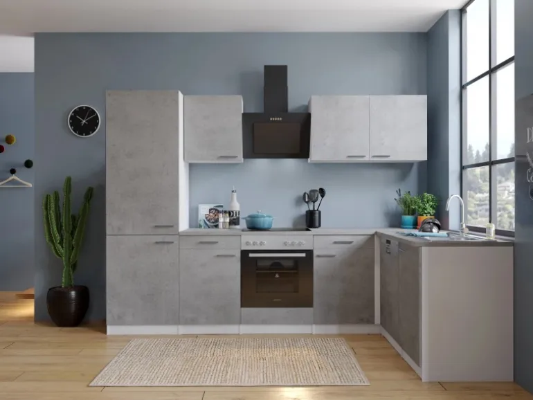 Respekta L-Küchenblock Malia 280 cm Beton Fronten inkl. Kühl-/Gefrierkombination