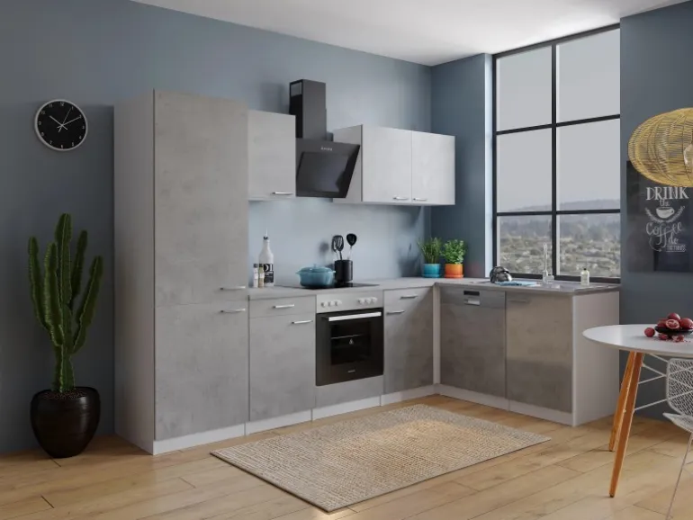 Respekta L-Küchenblock Malia 280 cm Beton Fronten inkl. Kühl-/Gefrierkombination