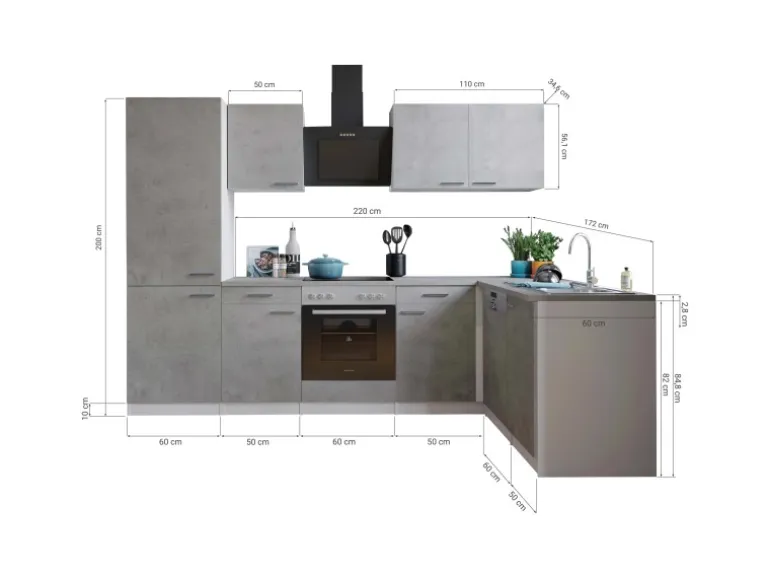 Respekta L-Küchenblock Malia 280 cm Beton Fronten inkl. Kühl-/Gefrierkombination
