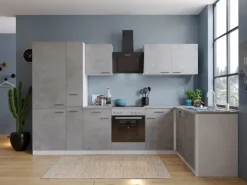 Respekta L-Küchenblock Malia 310 cm Beton Fronten inkl. Kühl-/Gefrierkombination