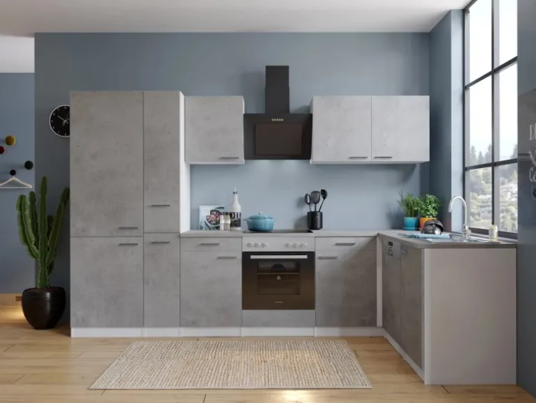 Respekta L-Küchenblock Malia 310 cm Beton Fronten inkl. Kühl-/Gefrierkombination