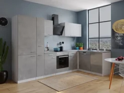 Respekta L-Küchenblock Malia 310 cm Beton Fronten inkl. Kühl-/Gefrierkombination
