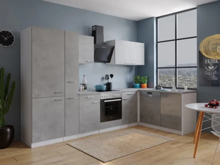 Respekta L-Küchenblock Malia 310 cm Beton Fronten inkl. Kühl-/Gefrierkombination