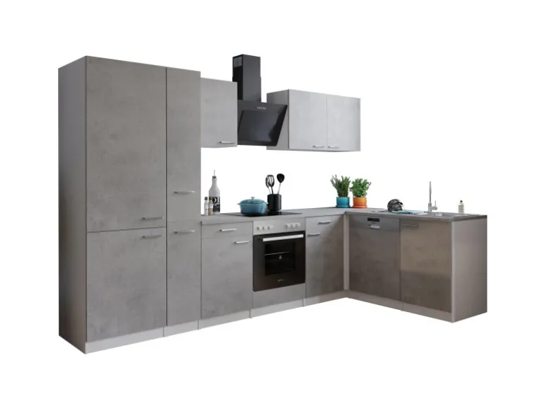 Respekta L-Küchenblock Malia 310 cm Beton Fronten inkl. Kühl-/Gefrierkombination