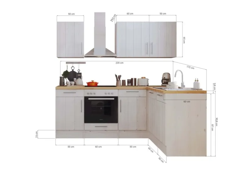 Respekta L-Küchenzeile Anton LBBERPL220LHWC ohne E-Geräte 220 cm Lärche Weiß