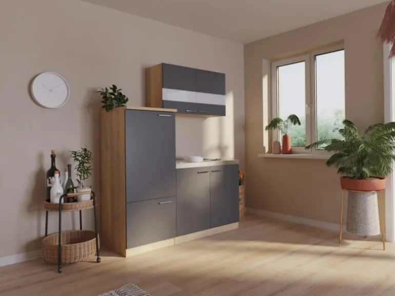Respekta Miniküche KB160ESG 160 cm Grau-Eiche Sonoma Sägerau Nachbildung