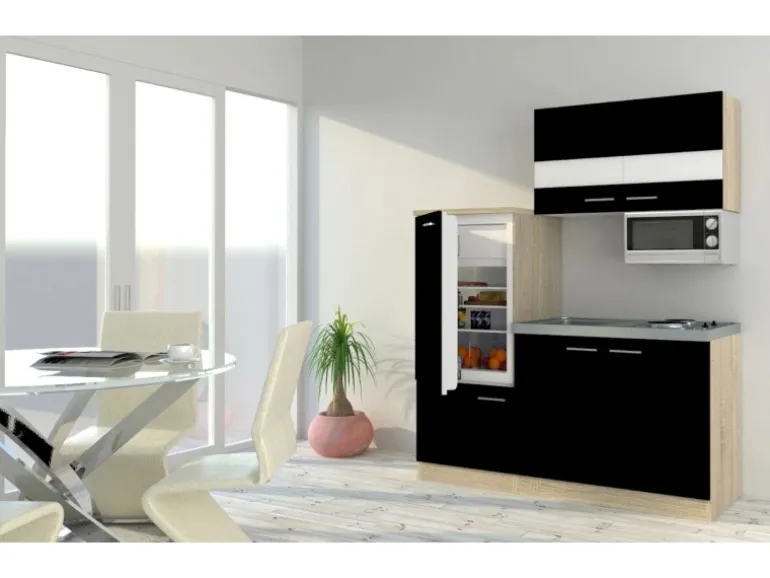 Respekta Miniküche KB160ESSMI 160 cm Schwarz-Eiche Sonoma Nachbildung Mikrowelle