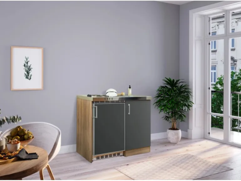 Respekta Miniküche MK100ESG 100 cm Grau-Eiche Sägerau Nachbildung