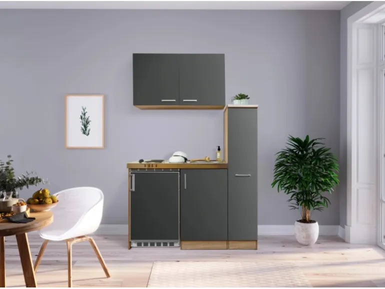 Respekta Miniküche MK130ESGOS 130 cm Grau-Eiche Sägerau Nachbildung