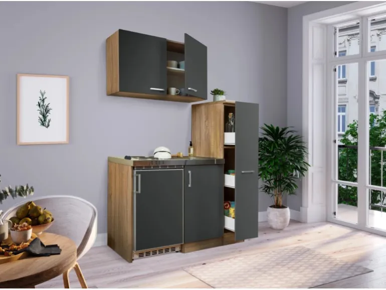 Respekta Miniküche MK130ESGOS 130 cm Grau-Eiche Sägerau Nachbildung
