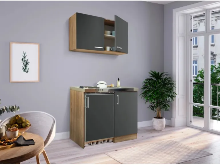 Respekta Miniküche MK100ESGOS 100 cm Grau-Eiche Sägerau Nachbildung