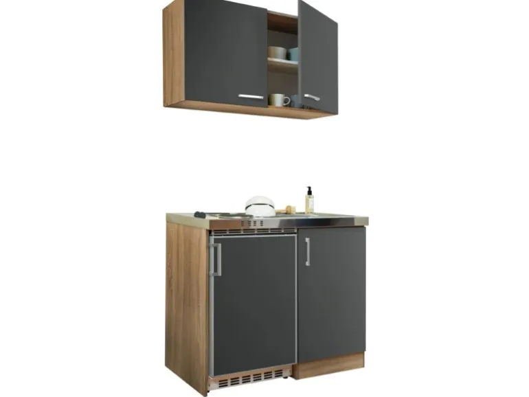 Respekta Miniküche MK100ESGOS 100 cm Grau-Eiche Sägerau Nachbildung