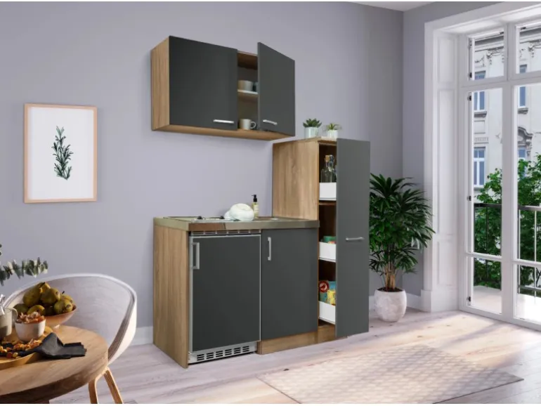 Respekta Miniküche MK130ESGOSC 130 cm Grau-Eiche Sägerau Nachbildung