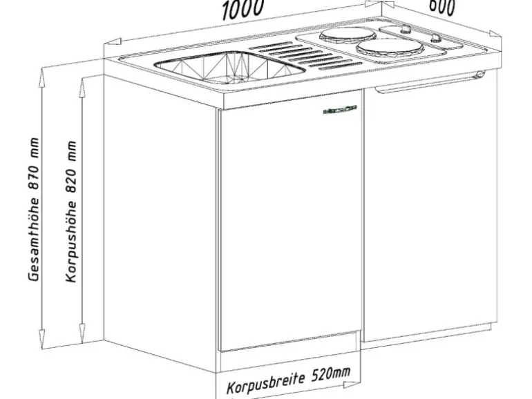 Respekta Miniküche MK100ESSC 100 cm Schwarz-Eiche Sägerau Nachbildung