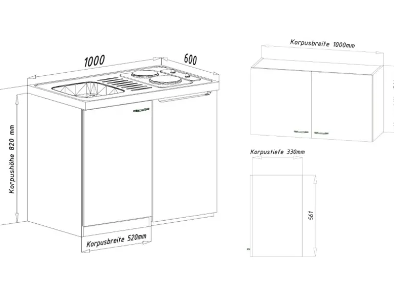 Respekta Miniküche MK100ESSOSC 100 cm Schwarz-Eiche Sägerau Nachbildung