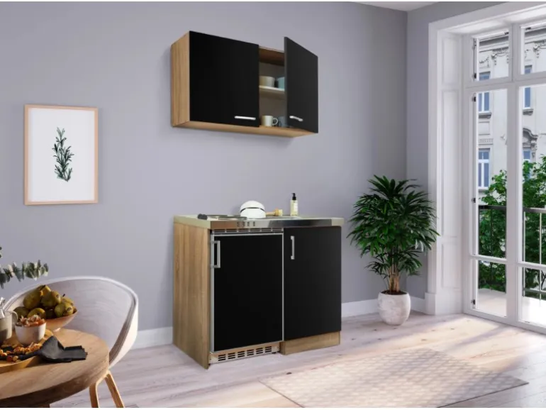 Respekta Miniküche MK100ESSOS 100 cm Schwarz-Eiche Sägerau Nachbildung