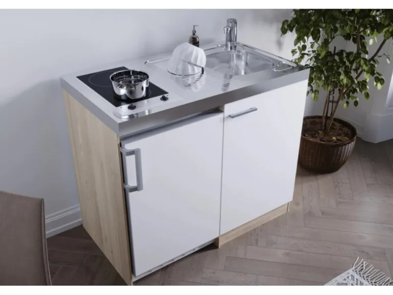 Respekta Miniküche MK100ESWC 100 cm Weiß-Eiche Sägerau Nachbildung
