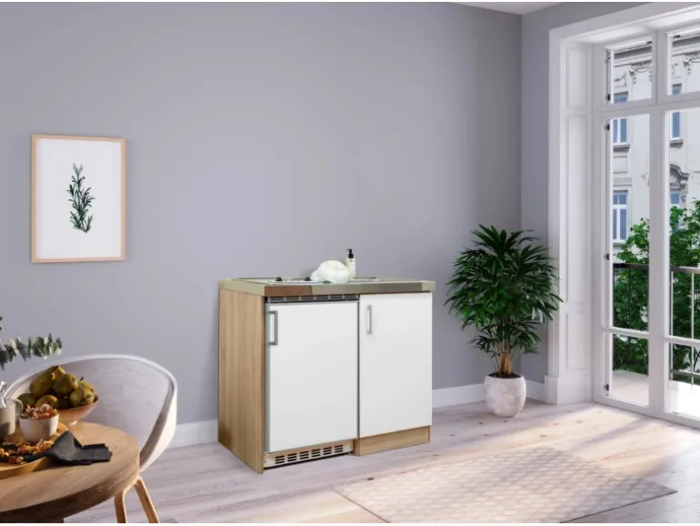 Respekta Miniküche MK100ESWC 100 cm Weiß-Eiche Sägerau Nachbildung