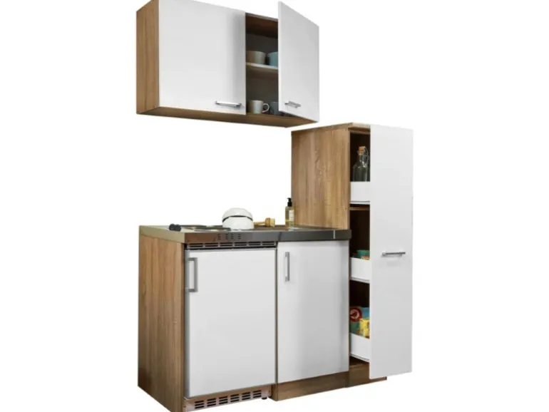 Respekta Miniküche MK130ESWOS 130 cm Weiß-Eiche Sägerau Nachbildung