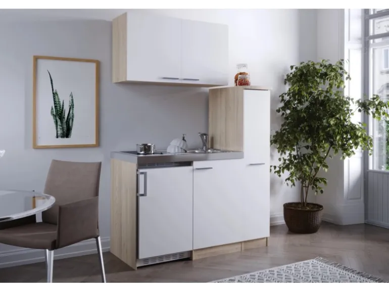 Respekta Miniküche MK130ESWOSC 130 cm Weiß-Eiche Sägerau Nachbildung